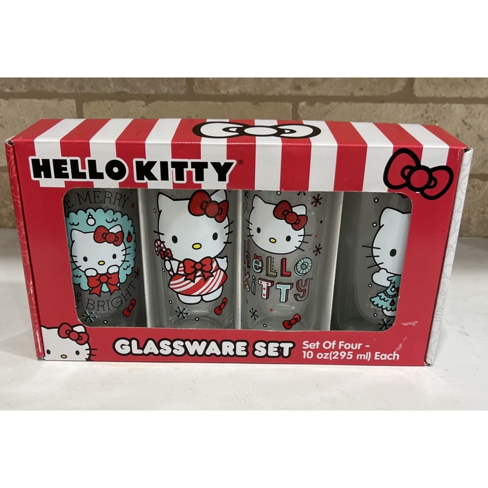 New Box Sanrio HELLO KITTY Christmas Glassware Set of 4 10oz Drinking Glasses